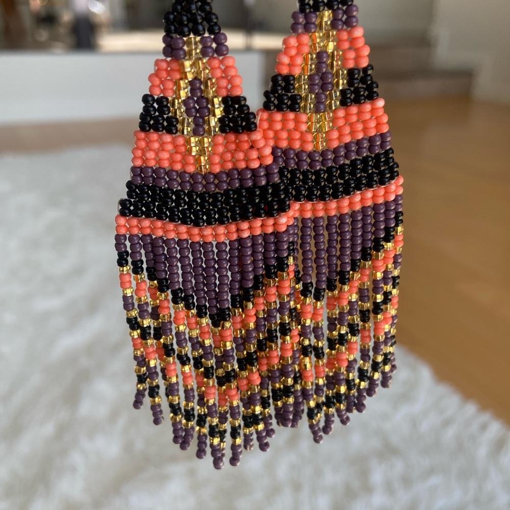 Beaded Fringe Earrings in Purple and Orange